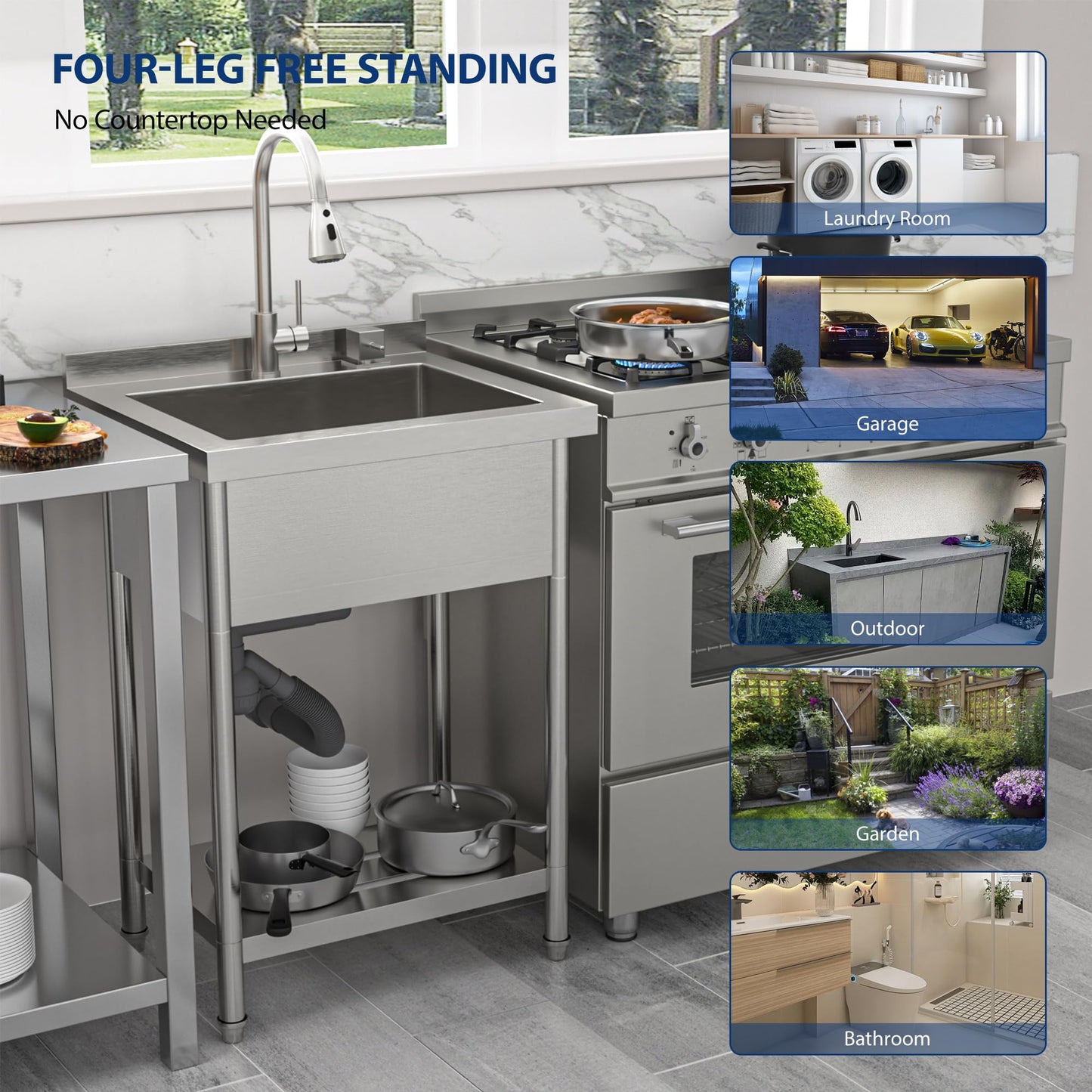 Sarlai Stainless Steel Utility Sink Freestanding Commercial Restaurant Kitchen Sink Outdoor Sinks Single Bowl Laundry Utility Kitchen Sinks With Faucet for Garage Outdoor Indoor Basin