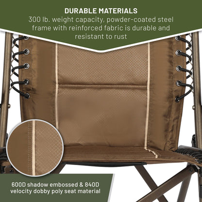 Timber Ridge Bungee Folding Camping Chairs for Adults, Heavy Duty Collapsible Padded Chair with Armrests Cup Holder, Foldable Outdoor Lounge Chairs for Fishing, Lawn, Supports 300 lbs, Earth Brown