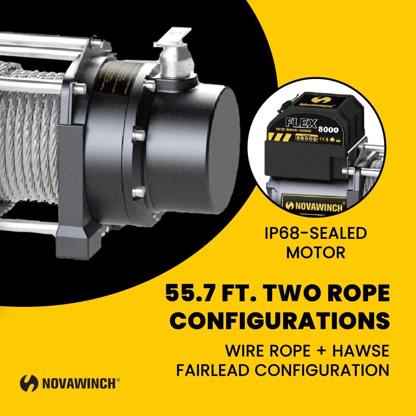 Novawinch Flex 8000 lb Utility Trailer Winch 12V Electric - IP68 Sealed Planetary Gearbox, 55.7 ft Wire Rope, Auto Load-Holding Brake, Waterproof Remote - Flatbed, Shop, Equipment, Car Hauler, SAE