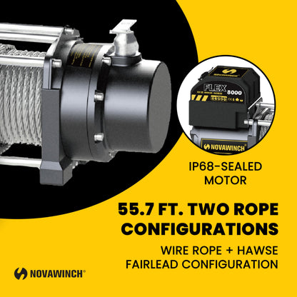 Novawinch Flex 8000 lb Utility Trailer Winch 12V Electric - IP68 Sealed Planetary Gearbox, 55.7 ft Wire Rope, Auto Load-Holding Brake, Waterproof Remote - Flatbed, Shop, Equipment, Car Hauler, SAE