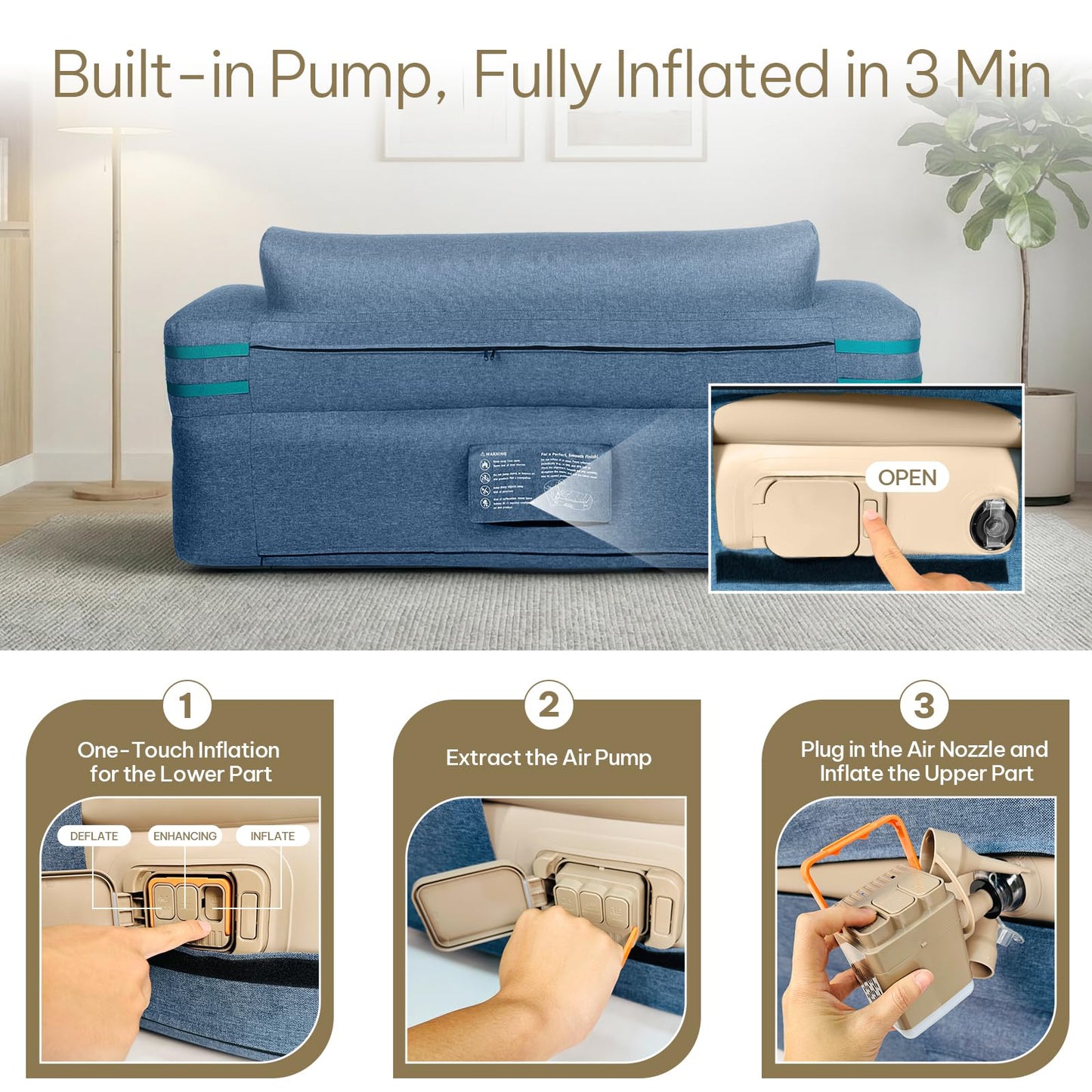 Kozilia Portable Inflatable Sofa with Built-in Pump - Quick Inflation Comfortable and Durable Blow Up Loveseat for Indoor & Outdoor, Living Room, Camping, Apartment, Dorm