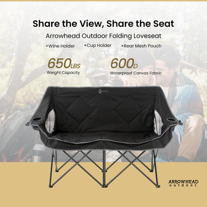 ARROWHEAD OUTDOOR 2-Pack Portable Folding Double Duo Camping Chair Loveseat w/ 2 Cup & Wine Glass Holder, Carrying Bag, Supports up to 650lbs