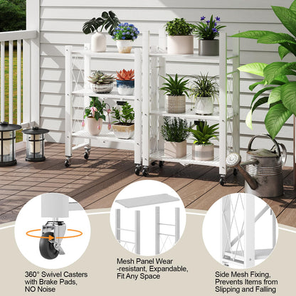 Yuanjimi 6-Tier Foldable Storage Shelves with Wheels, Folding Metal Shelf Unit, Folding Bookshelf no Assembly, Collapsible Shelves for Craft Shows for Kitchen, Bedroom, Living Room, White