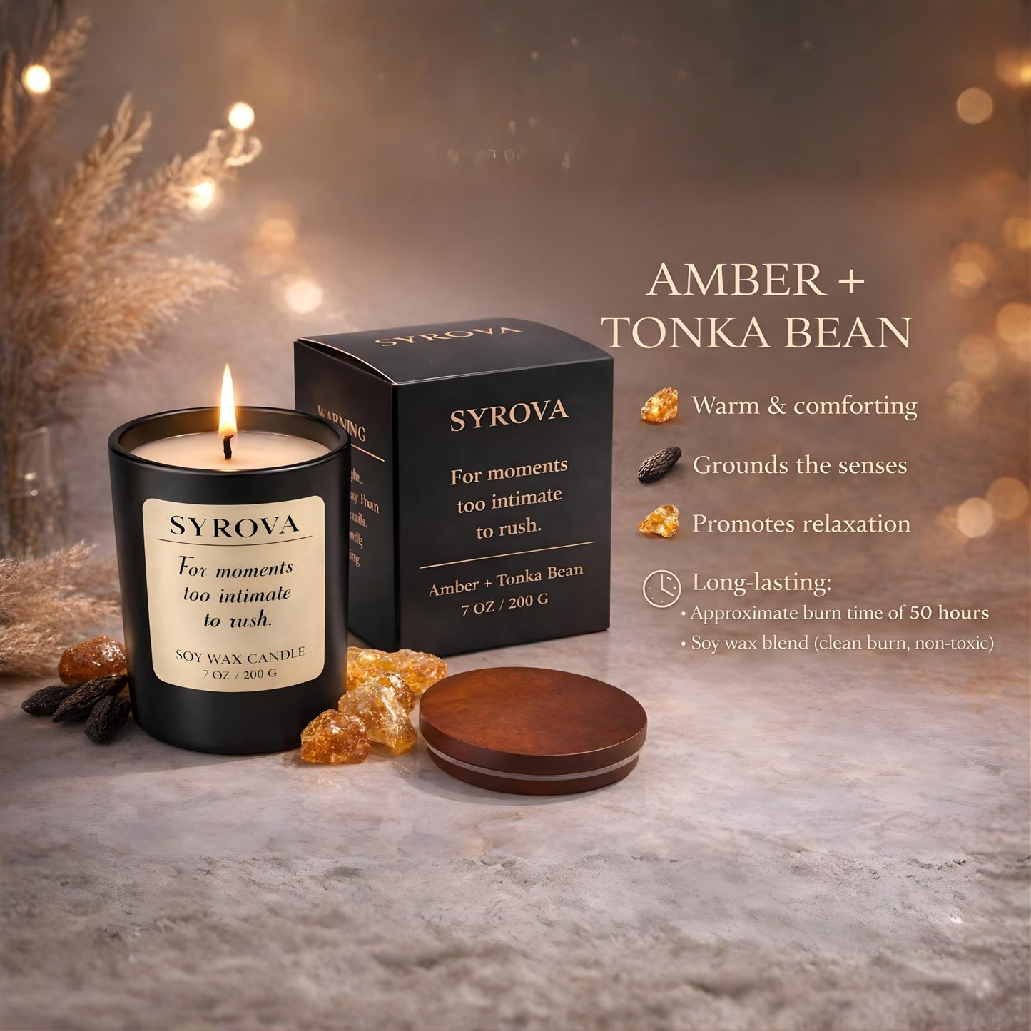 Amber & Tonka Bean Candle, Luxury Scented Soy Candle 7oz, Warm Cozy Fragrance for Home, Relaxing Aromatherapy Candle, Gift for Women, Long Lasting Jar Candle