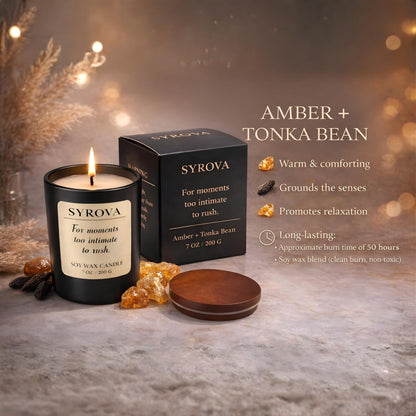Amber & Tonka Bean Candle, Luxury Scented Soy Candle 7oz, Warm Cozy Fragrance for Home, Relaxing Aromatherapy Candle, Gift for Women, Long Lasting Jar Candle