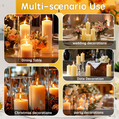12 Packs Ivory Pillar Candles for Centerpiece, 2x3 2x6 2x8 Inch, Classic Unscented Wedding Candles for Hurricane, Dripless and Smokeless Candles for Party, Home Decor, Mantels