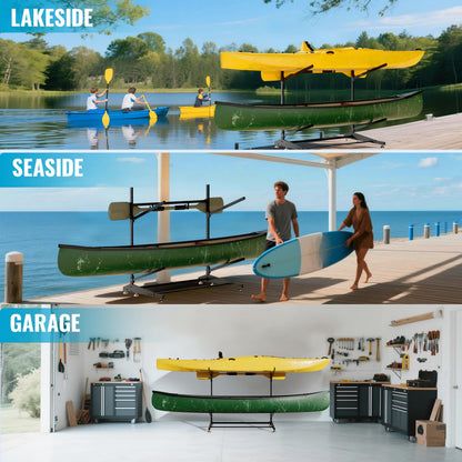 AlloyLake Freestanding Kayak Storage Rack, 2-Tier Heavy Duty Outdoor Canoe Stand for Garage & Dock, Holds 220 lbs, Rust-Proof 304 Stainless Steel Hardware (Black)