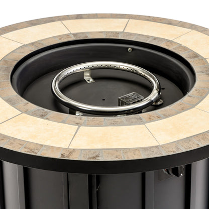 30" Propane Gas Fire Pit Table, 50000 BTU Round Outdoor Fire Pit with Mosaic Ceramic Tabletop, Steel Patio Fire Table with Lid & Rain Cover for Backyard Deck Garden, Black
