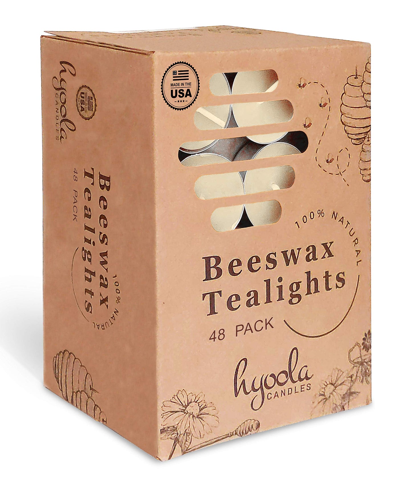 HYOOLA White Beeswax Tealight Candles in Aluminum Cup - 48 Pack - 100% Pure Natural Beeswax Candles
