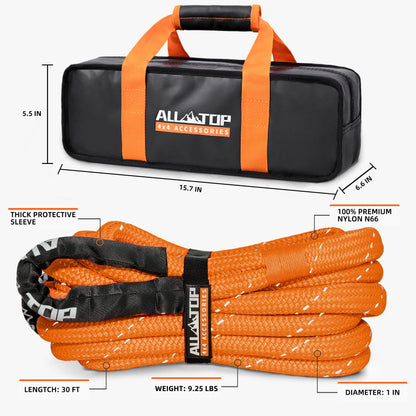ALL-TOP Kinetic Rope Kit (Reflective) w/ 2 Soft Shackles, 48000Lbs, 1in x 30ft, Heavy Duty 30+% Elasticity, 16000Lbs Work Load Limit