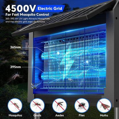 Solar Bug Zapper Outdoor, 4500V Electric Mosquito Zapper with Dual Solar Panels & USB Charging, Auto On/Off Mosquito Killer, IPX5 Waterproof Fly Trap for Backyard Patio Garden Camping, 2100 Sq Ft