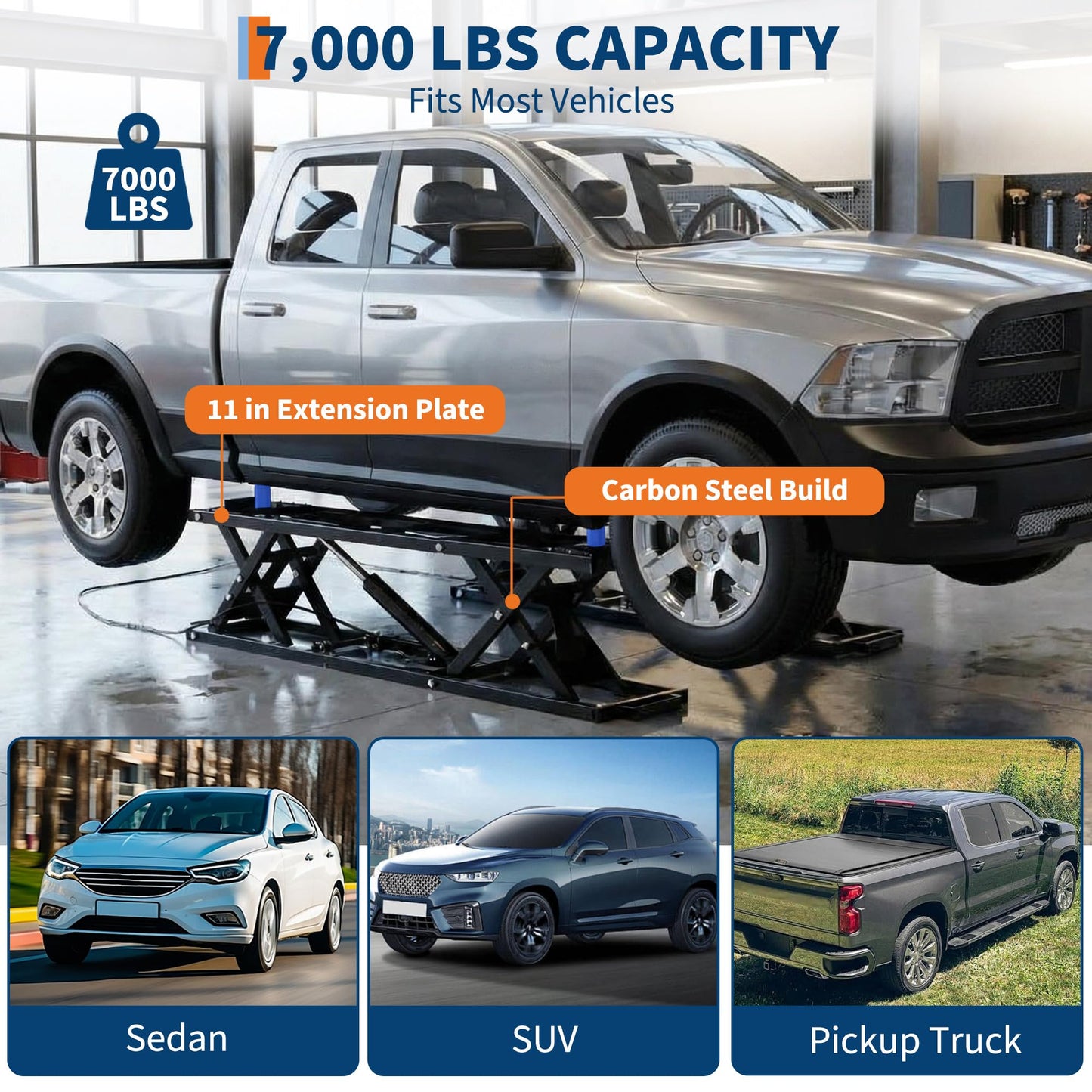 Garvee 7000 LBS Portable Car Lift, Heavy Duty Quick Jack Car Lift for Home Garage, Adjustable Height 6.7 in-25.2 in, Quick Jack with Extension Plates & Locks Levers & Wheels, Fits Trucks, SUVs, Sedans