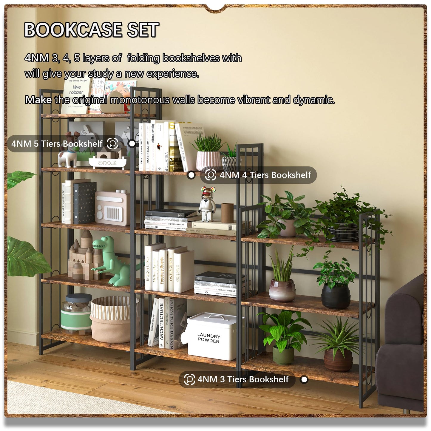 4NM No Assembly 5 Tiers Folding Bookshelf, 59.4" H Foldable Storage Shelves Vintage Bookcase Standing Racks Study Organizer Home Office - Rustic Brown Black