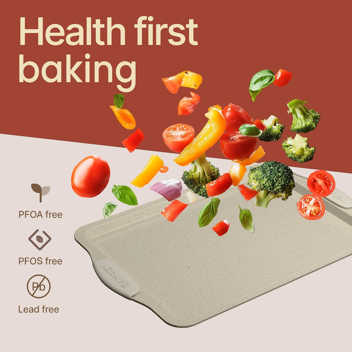 BAKKEN Nonstick Cookie Sheets Set - 3-Piece Stackable Carbon Steel Bakeware with Silicone Handles | White Marble