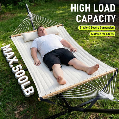 FULIYE Double Hammock with Stand for Outdoor，2 Person Heavy Duty Portable Hammock with Adjustable Steel Stand and Balance Ropes Included – for Patio, Backyard, Garden, Beach((Beige)