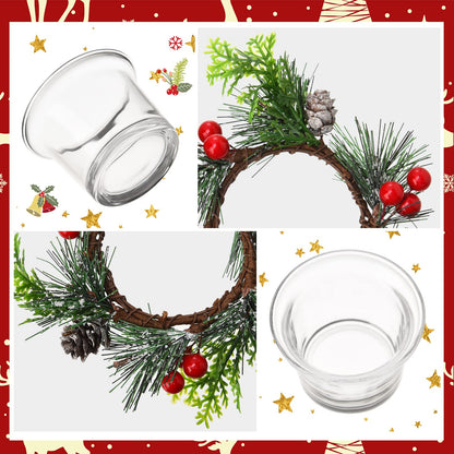 Dingion 12 Pcs Christmas Votive Candle Holder Set Xmas Table Centerpiece with Christmas Berry Candle Ring Decorative Glass Tealight Holder for Wedding Christian Church Xmas Holiday Table Decoration
