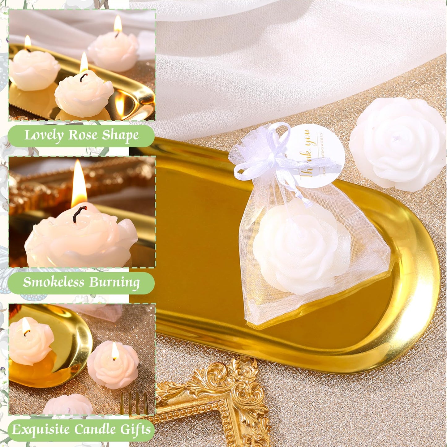 Treela 24 Set Flower Candles Wedding Favor for Guests Mini White Rose Shaped Tealight Candles for Return Gift Wedding Birthday Bridal Shower Housewarming Party