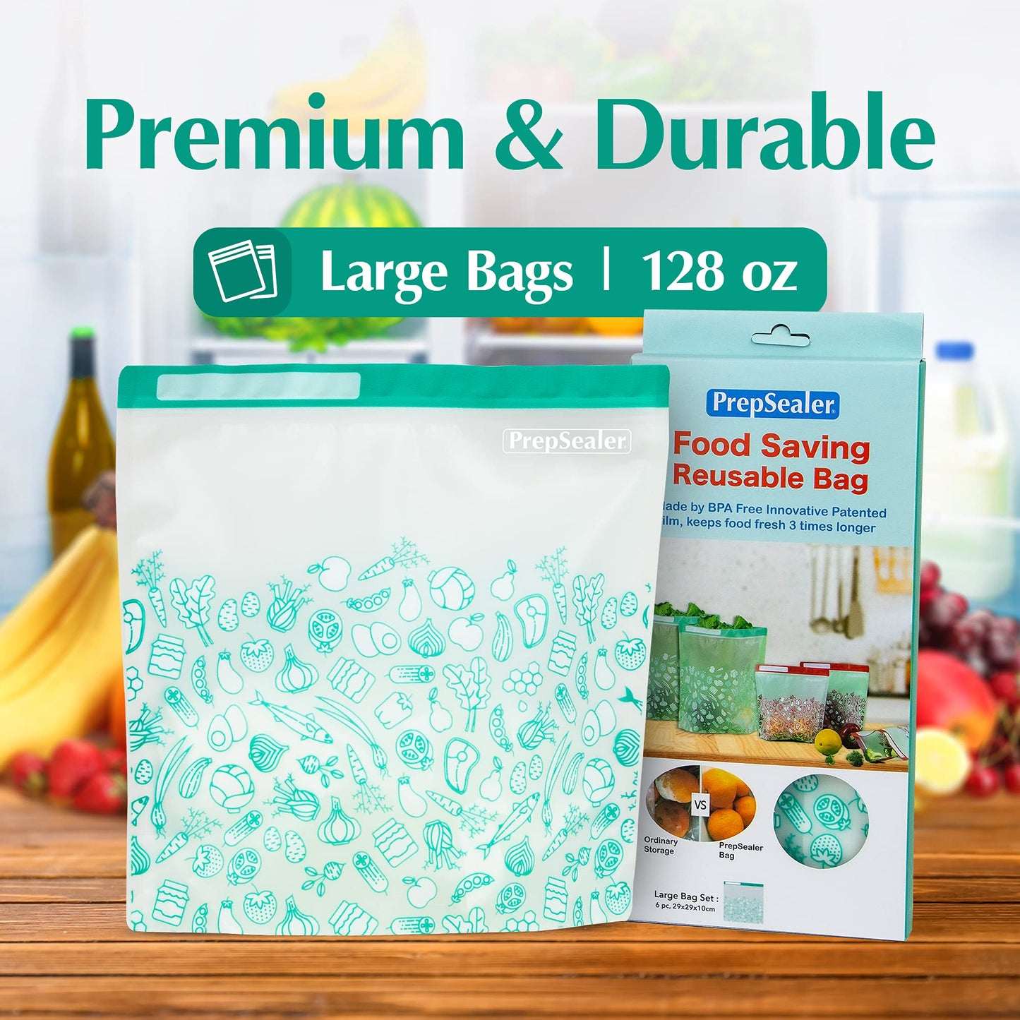 PrepSealer Reusable Food Storage Bags – Keep Fruits, Veggies & Meats Fresh Longer -10 Pieces (3 S, 3 M, 4 L)