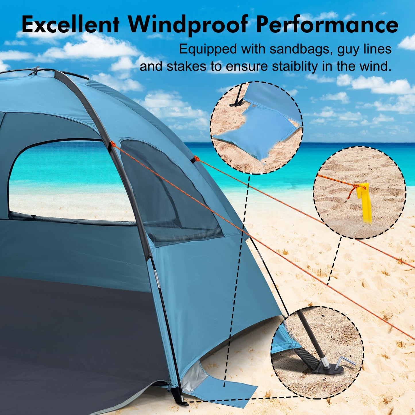 WhiteFang Beach Tent Anti-UV Portable Sun Shade Shelter for 6 Person, Extendable Floor with 3 Ventilating Mesh Windows Plus Carrying Bag, Stakes and Guy Lines (Blue)
