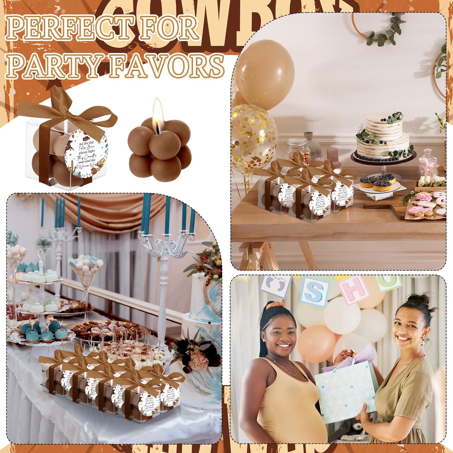 MTLEE 24 Sets Cowboy Baby Shower Favors Small Bubble Candle Baby Shower Favors for Guests Tea Candles Bulk with Stylish Ribbons Cards Gifts Party Decorations