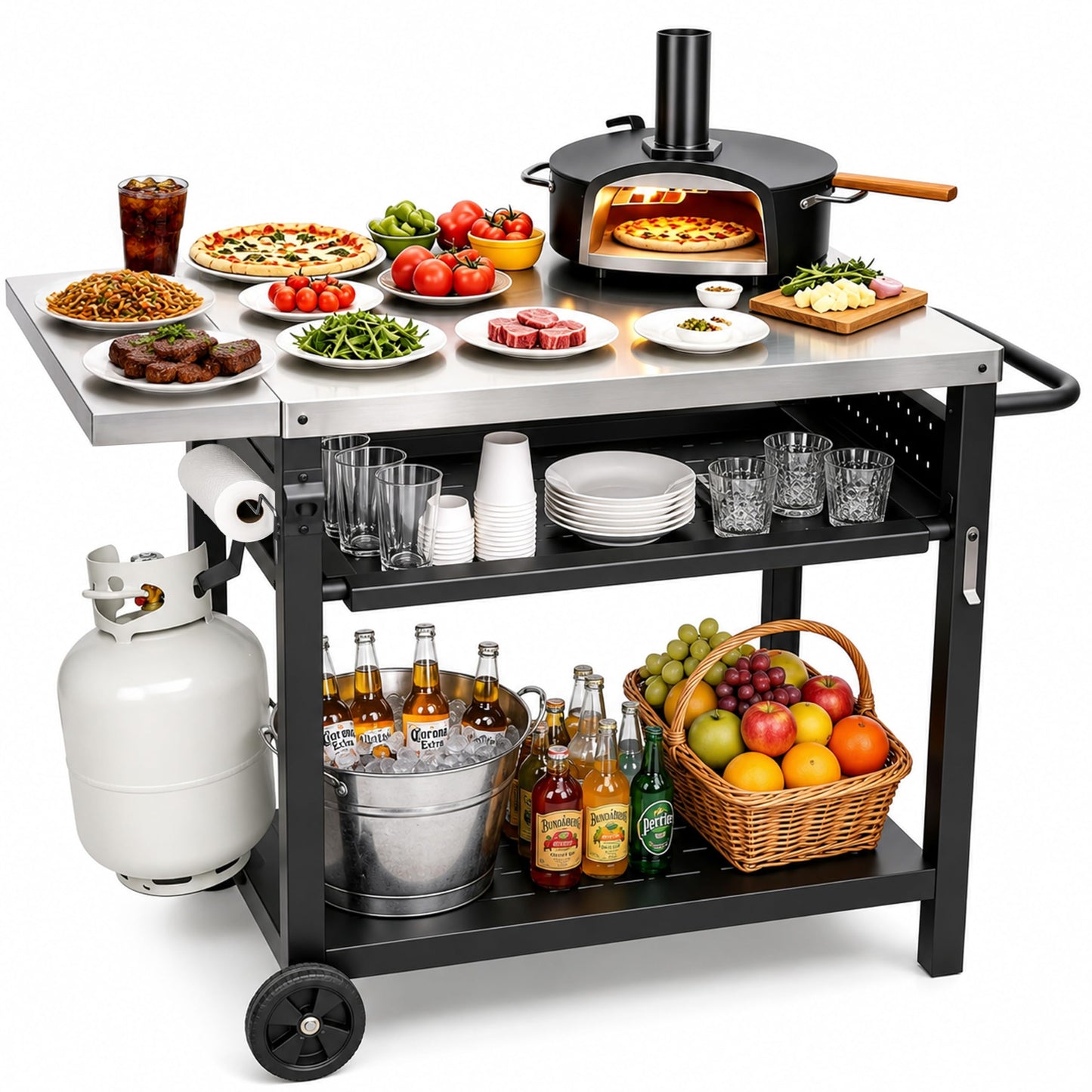 Outdoor Grill Cart for Blackstone/Ooni/Ninja, 43.3"x20" Stainless Steel Outdoor Grill Table with Propane Tank Mount & Wheels, Movable Outdoor Cooking Table with Storage for Pizza Oven, Patio, Camping