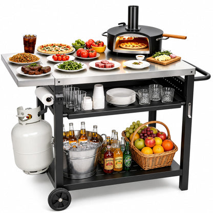 Outdoor Grill Cart for Blackstone/Ooni/Ninja, 43.3"x20" Stainless Steel Outdoor Grill Table with Propane Tank Mount & Wheels, Movable Outdoor Cooking Table with Storage for Pizza Oven, Patio, Camping