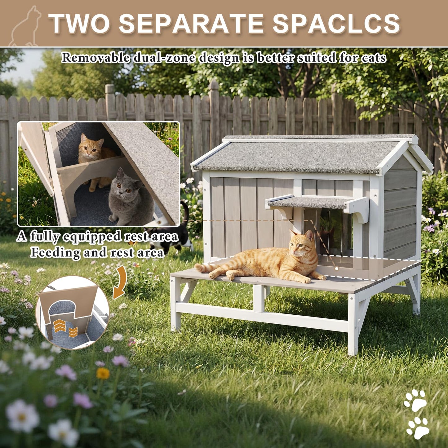 Pawbuilt Outdoor Cat House – Weatherproof Wooden Shelter with Elevated Base, Balcony & Openable Roof, 2-Story Cozy Condo with Built-in Cat Scratch Mat for Small, Feral, or Community Cats