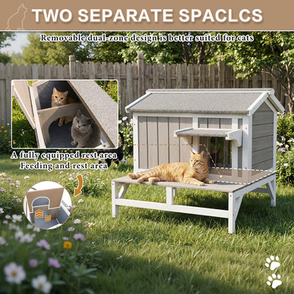 Pawbuilt Outdoor Cat House – Weatherproof Wooden Shelter with Elevated Base, Balcony & Openable Roof, 2-Story Cozy Condo with Built-in Cat Scratch Mat for Small, Feral, or Community Cats