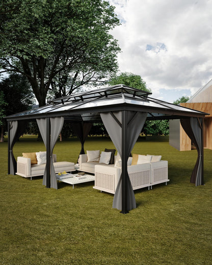 PeakPursuit All-Weather Hardtop Gazebo 12'x20' – Double Polycarbonate Roof, Durable Aluminum Alloy Frame, Netting & Curtains, Permanent Outdoor Pavilion for Patio, Deck, Backyard, Lawn, Garden, Gray