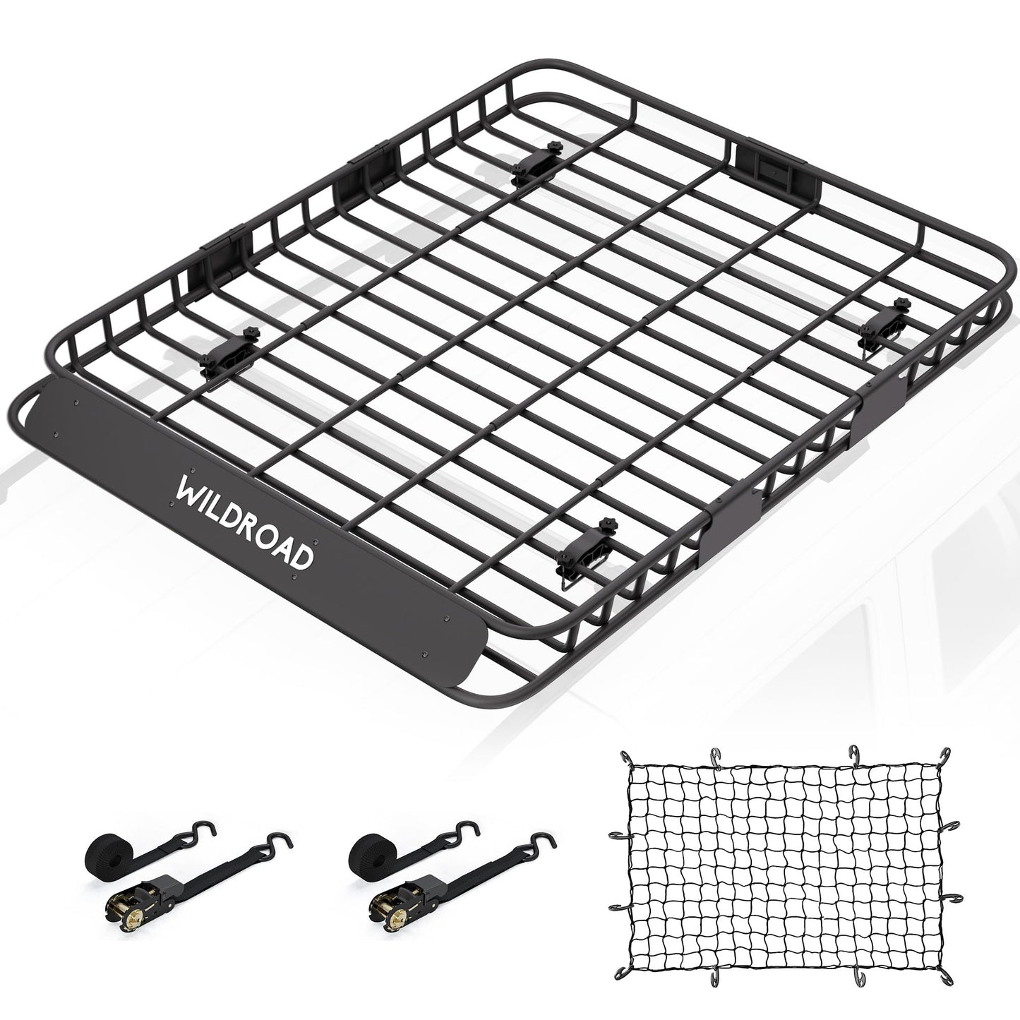Wildroad Roof Rack Cargo Basket, Upgraded 4” Fence Wide Car Roof Basket, 64"x 50"x 4" Universal Car Top Carrier Basket with Super Duty Bungee Cargo Net and Ratchet Straps Fits for SUV Truck Cars