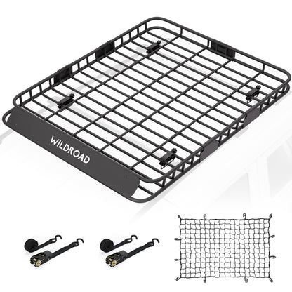 Wildroad Roof Rack Cargo Basket, Upgraded 4” Fence Wide Car Roof Basket, 64"x 50"x 4" Universal Car Top Carrier Basket with Super Duty Bungee Cargo Net and Ratchet Straps Fits for SUV Truck Cars