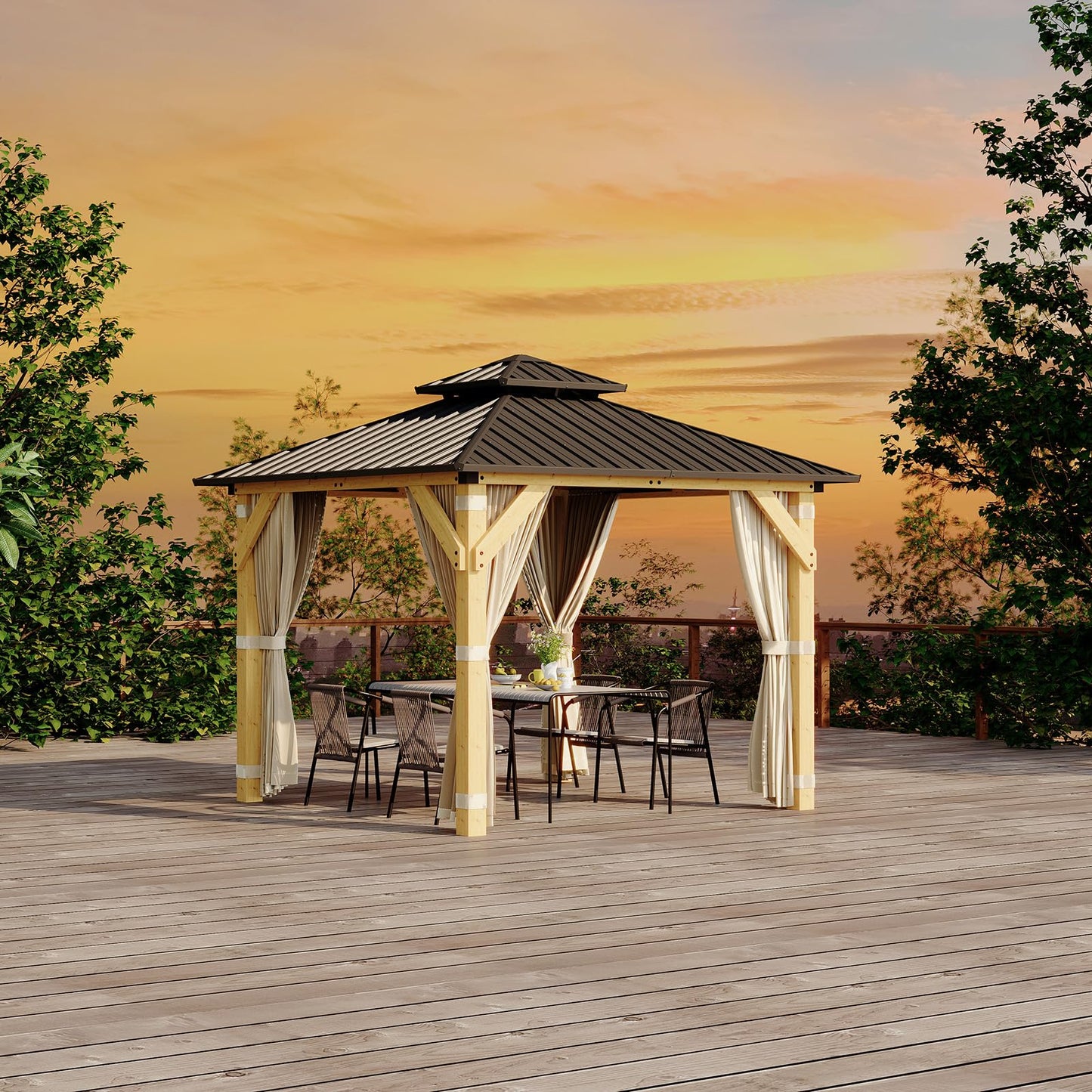 10 x 10 Ft Wood Gazebo, Hardtop Gazebo with Galvanized Steel Peak Roof, Outdoor Pavilion with Curtains and Netting, Patio Permanent Wooden Pavilion, Shade for Garden, Patio, Deck