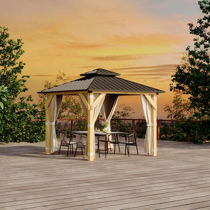 10 x 10 Ft Wood Gazebo, Hardtop Gazebo with Galvanized Steel Peak Roof, Outdoor Pavilion with Curtains and Netting, Patio Permanent Wooden Pavilion, Shade for Garden, Patio, Deck