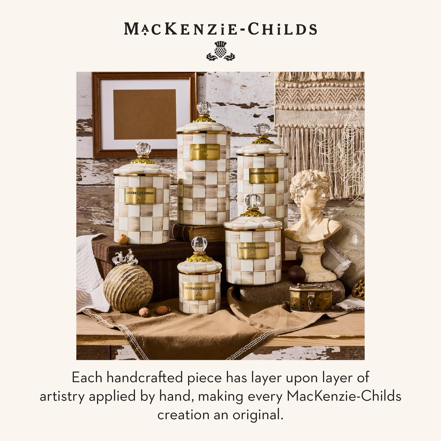 MACKENZIE-CHILDS Enamel Canister, Versatile Kitchen Storage Container for Flour and Sugar, Medium, 48-Ounce Capacity, Brown-and-White Mocha Check
