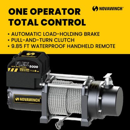 Novawinch Flex 8000 lb Utility Trailer Winch 12V Electric - IP68 Sealed Planetary Gearbox, 55.7 ft Wire Rope, Auto Load-Holding Brake, Waterproof Remote - Flatbed, Shop, Equipment, Car Hauler, SAE
