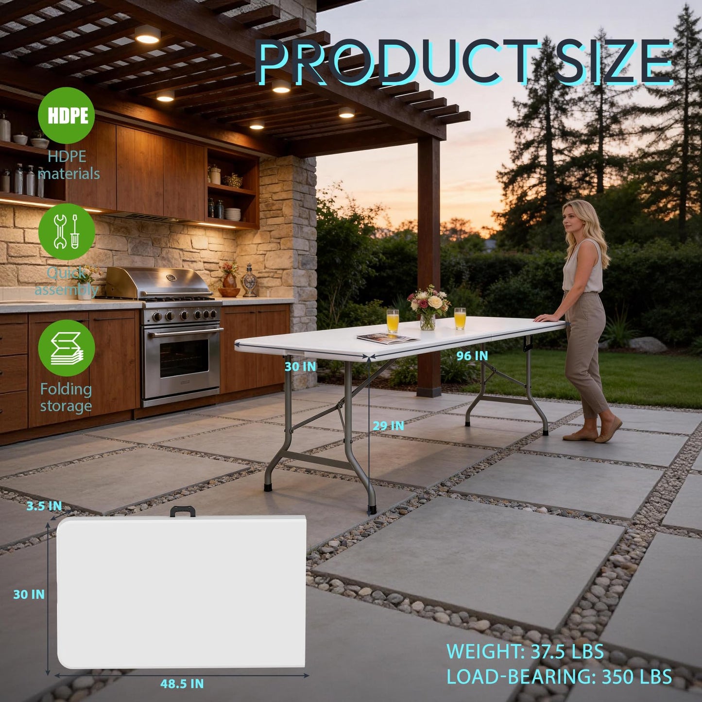 HLPB Folding Table Picnic Table, 8 ft Portable Camping Table with Handle and Safety Locks, Foldable Table Plastic Dining Table Indoor Outdoor for Camping, Picnic and Party