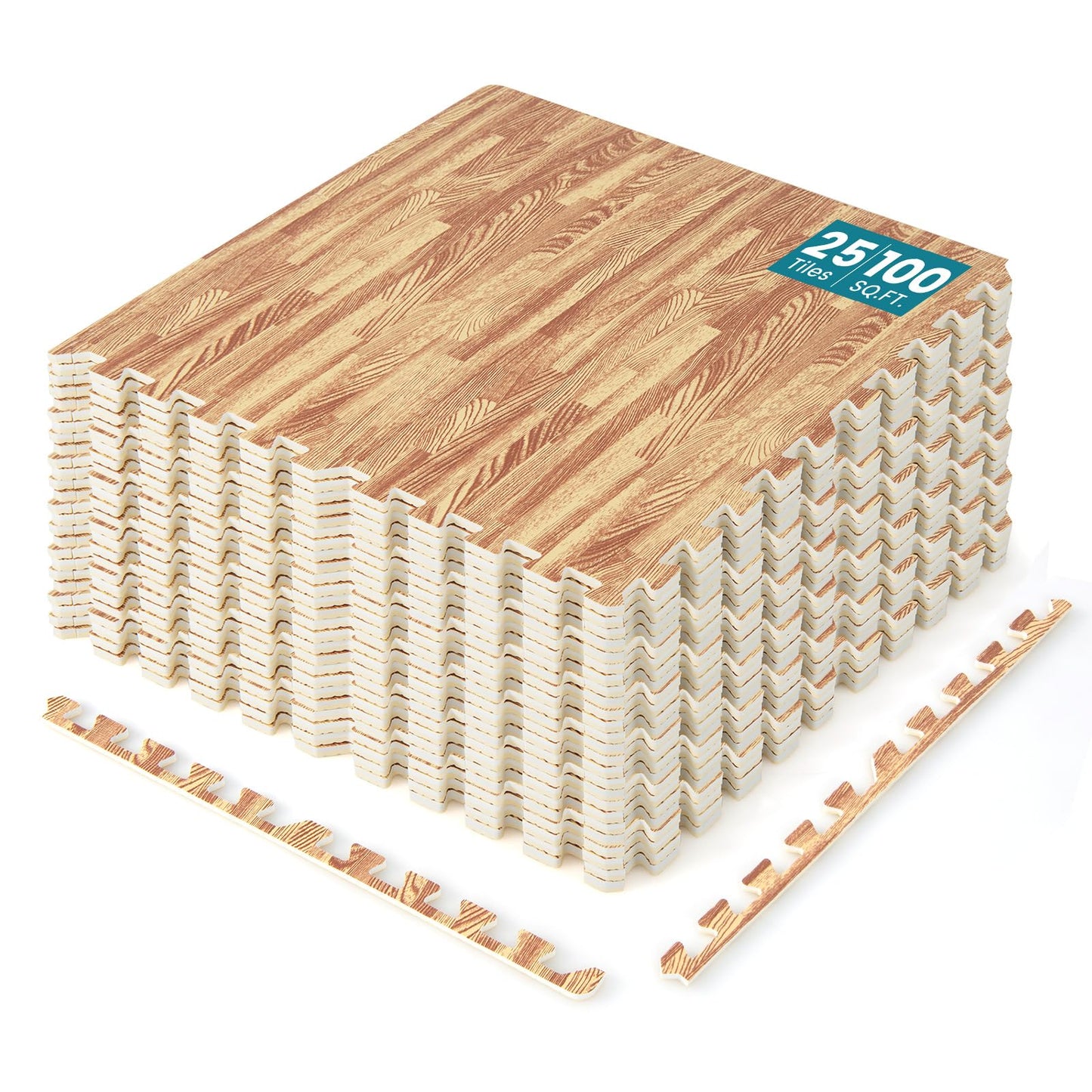 Happygrill 100 Sq. Ft. Interlocking Foam Floor Tiles, 25 PCS 2/5 Thick Wood Grain EVA Foam Mat w/50 Borders, 24” x 24” Puzzle Exercise Mat Gym Flooring for Home Gym Apartment Basement Play Room Yoga