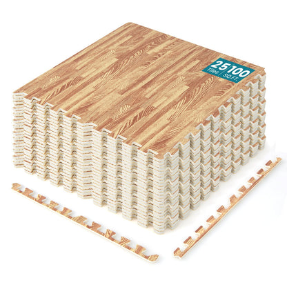 Happygrill 100 Sq. Ft. Interlocking Foam Floor Tiles, 25 PCS 2/5 Thick Wood Grain EVA Foam Mat w/50 Borders, 24” x 24” Puzzle Exercise Mat Gym Flooring for Home Gym Apartment Basement Play Room Yoga