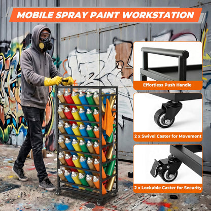 Sidasu 72 Can Spray Paint Can Holder, Rolling Spray Paint Organizer Cart with Push Handle, Spray Paint Storage Rack for Garage Workshop, Black
