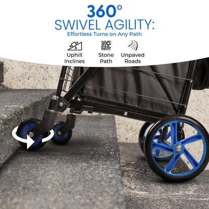 SereneLife Large Foldable Shopping Cart, 19" x 22.7" x 41" Collapsible Grocery Cart with 360° Swivel Wheels, Removable Weatherproof Liner, 110 lbs. Capacity, Convenient and Portable (Blue)