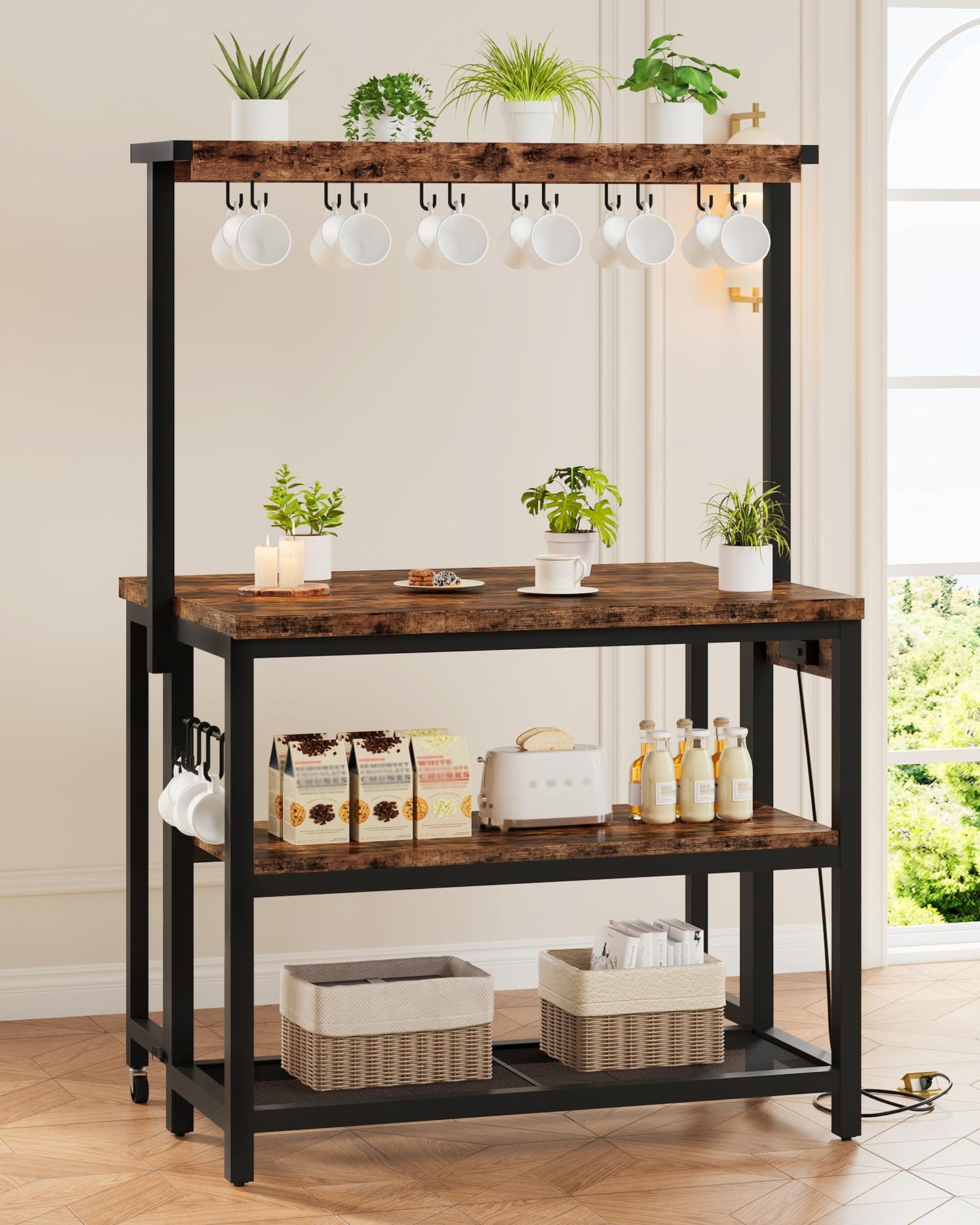CHOEZON Kitchen Island with Power Outlet, Kitchen Island Table with Folding Top, Stationary Storage Islands, Coffee Bar with Outlets and USB Ports, for Dining Room, Rustic Brown and Black TZD01UBF