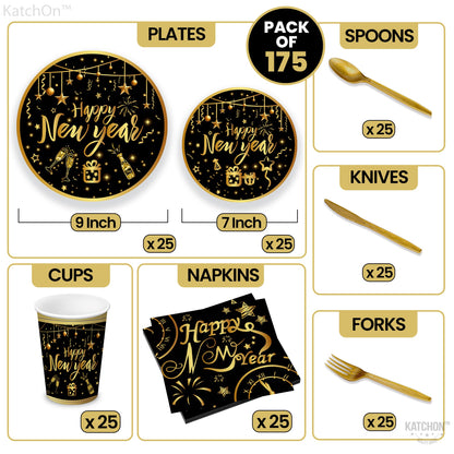 KatchOn, Happy New Year Plates Cups and Napkins Set - Serves 25 Guest | New Years Eve Party Supplies for New Years Decorations 2026 | Happy New Year Tableware for Nye Decorations 2026