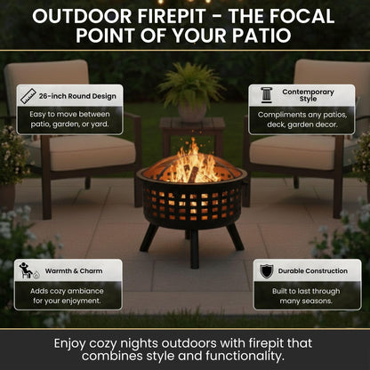 Outdoor Fire Pit - 26-Inch Round Lattice Wood Burning Firepit with Screen, Poker, Grate and Cover - Wood Fire Pits & Outdoor Fireplaces by Pure Garden