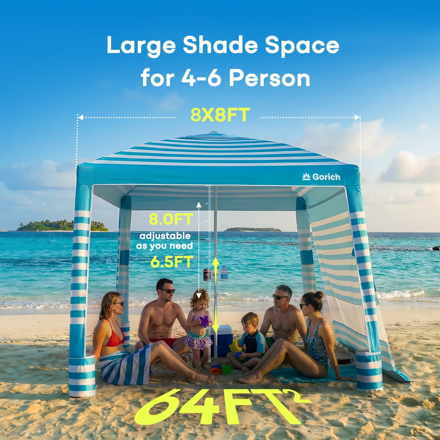 Gorich Beach Cabana with UPF50+ UV Protection, 8x8 FT/10x10 FT Beach Canopy Tent with Side Wall, Easy Setup, Windproof Portable Sun Shelter Shade for Family