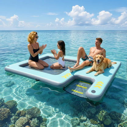 Inflatable Floating Dock with Dog Ramp, Large Floating Island Platform for Adults and Pets, Mesh Water Hammock with Non-Slip Steps, Heavy-Duty Floating Dock for Lake, Pool, River and Ocean