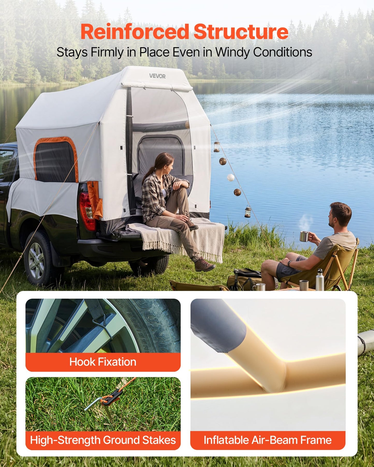 VEVOR Inflatable Pickup Truck Tent, 7.2 x 5.4 FT 3-Season Truck Bed Tent with Ventilated Mesh Windows, PU2000mm Waterproof Pickup Camping Tents for Outdoor Hiking Activities - Air Pump Included