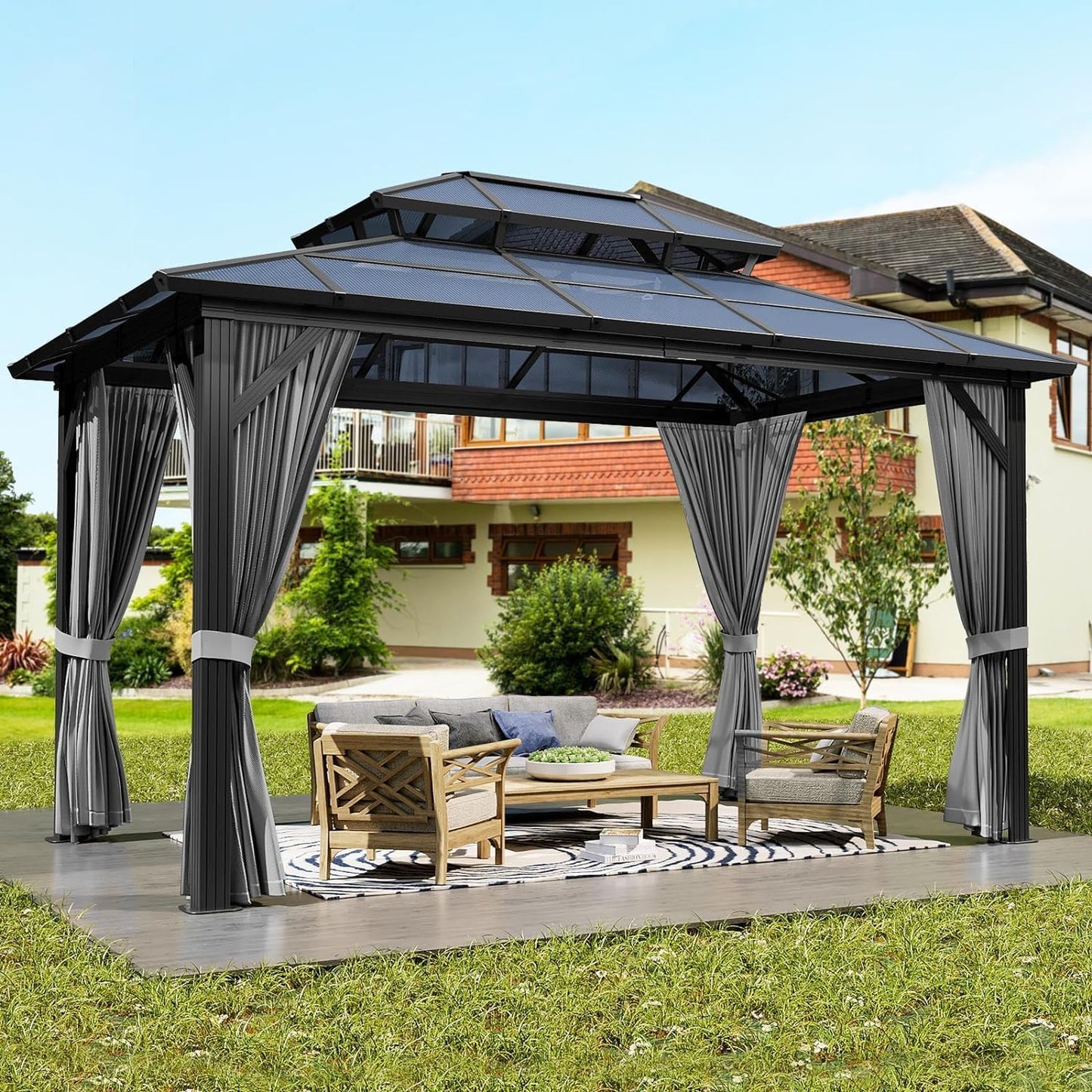 GAOMON 10'x13' Hardtop Gazebo, Outdoor Polycarbonate Double Roof Canopy, Aluminum Frame Permanent Pavilion with Curtains and Netting, Sunshade for Garden, Patio, Lawns (Gray)