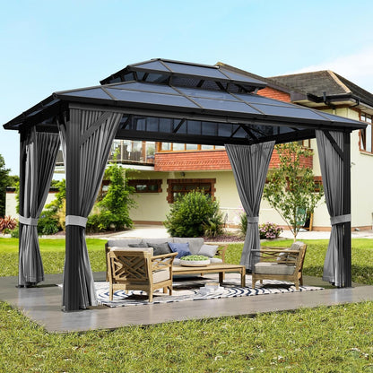 GAOMON 10'x13' Hardtop Gazebo, Outdoor Polycarbonate Double Roof Canopy, Aluminum Frame Permanent Pavilion with Curtains and Netting, Sunshade for Garden, Patio, Lawns (Gray)