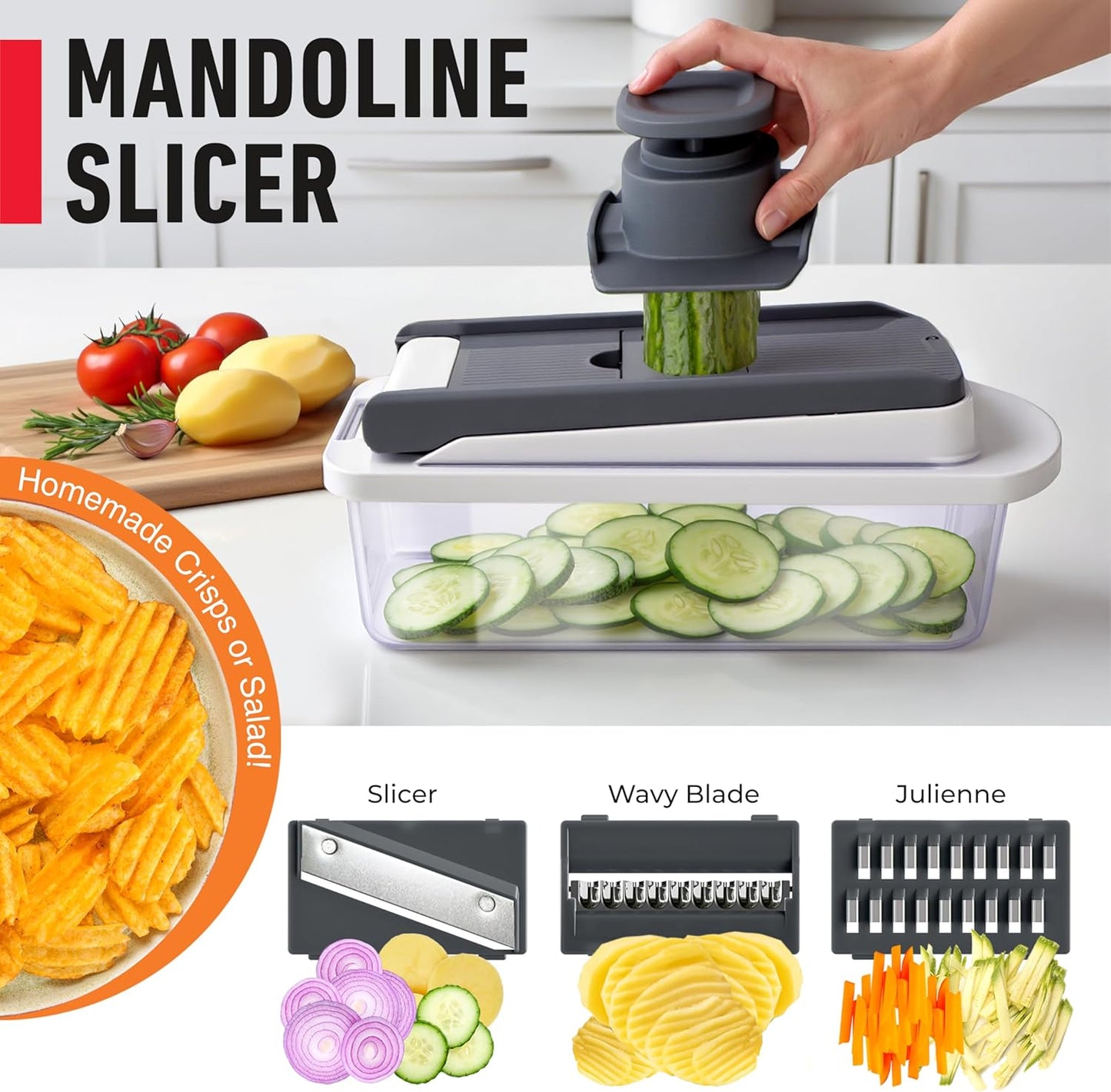 Mueller Vegetable Chopper - 10-in-1 Mandoline Slicer with 8 Blades & Container for Effortless Food Prep