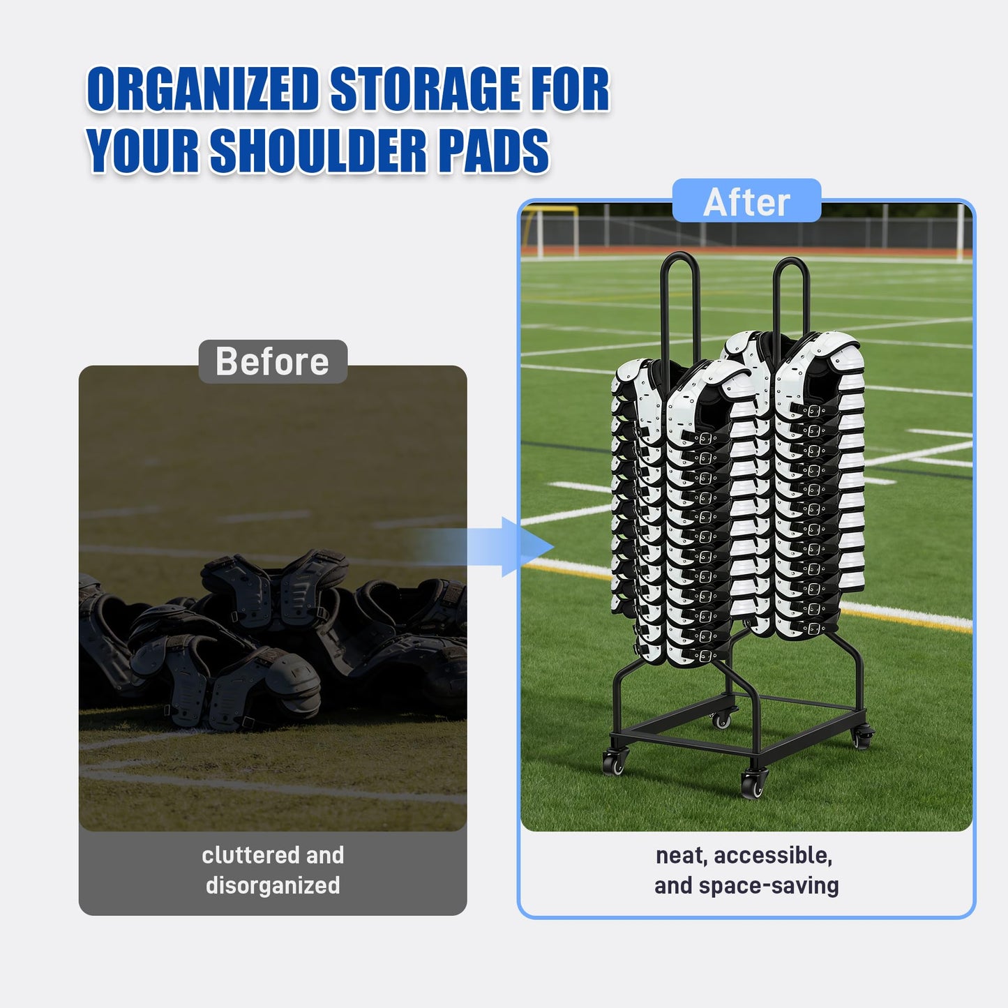 Football Shoulder Pad Rack with Lockable Wheels, Heavy Duty Steel Football Shoulder Pad Holder, Large Capacity Sports Equipment Storage Rack for Locker Room, Team Equipment and Training Facilities